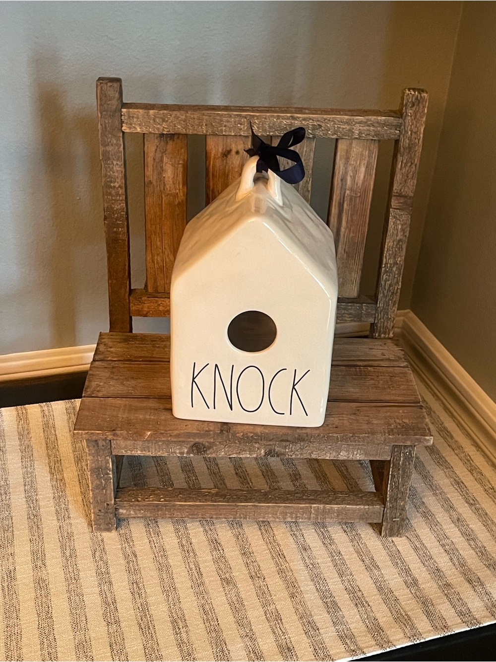 NEW - Rae Dunn Ceramic 'KNOCK' Birdhouse with Black Ribbon